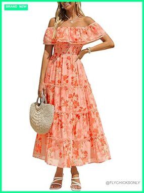 Ruffle Off Shoulder Floral Maxi Dress Smocked Tiered Beach Wedding Guest